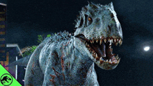 a picture of a dinosaur with its mouth open and a jurassic park logo behind it