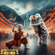 a poster for museum bola with a monk and a lion