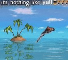 a dolphin is jumping out of the water near a small island with palm trees .