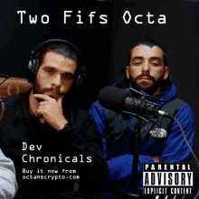 two men wearing headphones and a parental advisory sticker