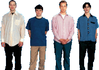 four men are standing next to each other in a row