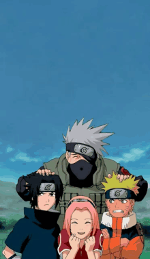 a group of naruto characters posing for a picture with a blue sky in the background