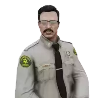 a los santos county sheriff wearing glasses and a name tag