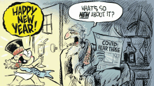 a cartoon shows a man reading a newspaper that says " covid year three "