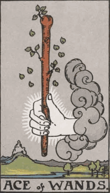 the ace of wands tarot card is a drawing of a hand holding a wand .