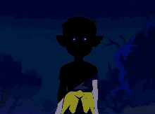 a silhouette of a boy with blue eyes and a yellow belt is standing in the dark .