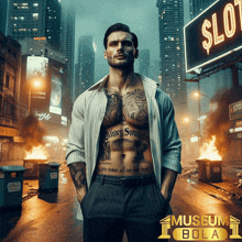 a man with a tattoo on his chest is standing in front of a slot sign