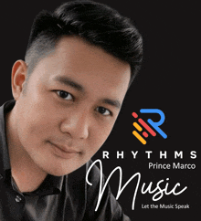 a man is standing in front of a rhythms prince marco music logo