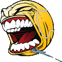 a cartoon drawing of a laughing smiley face with its mouth open and teeth showing .