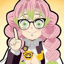 a girl with pink hair and glasses is giving a middle finger