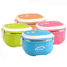 a set of four lunch boxes in different colors .