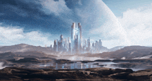 a futuristic city is surrounded by mountains and a large planet