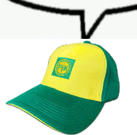 a green and yellow baseball cap with the letters fkk on it