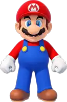 mario is wearing overalls and a red hat with an m on it