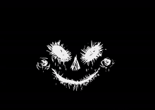 a black and white drawing of a smiley face with spiky eyes .