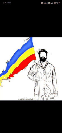 a drawing of a man with a beard holding a colorful flag