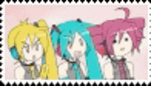 three anime girls are standing next to each other on a pink background in a stamp .