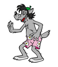 a cartoon drawing of a wolf wearing pink shorts with flowers on them