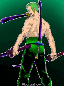 a drawing of a man holding two swords with the hashtag basemihawk on the bottom