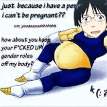 a cartoon of a pregnant man laying on the floor with a big belly .