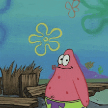 patrick star from spongebob squarepants is standing in the water with a flower in the background