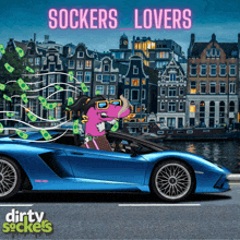 a poster for dirty socks shows a cartoon character in a blue car