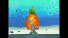 a cartoon drawing of a pineapple house with a blue door