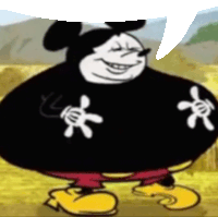 a fat mickey mouse is wearing a black shirt with chinese characters on it