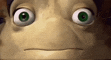 a close up of a cartoon character 's face with green eyes making a face .