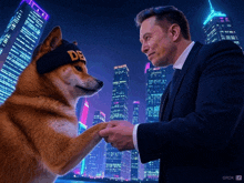 a dog wearing a headband that says de on it shakes hands with a man