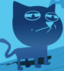 a blue cartoon cat is standing on a blue floor