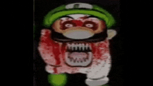 a cartoon character with a green hat and beard is covered in blood and has a bloody face .