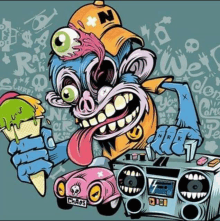 a cartoon drawing of a monster holding an ice cream cone and a boombox with chaos written on it