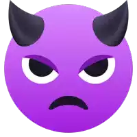 a purple devil face with black horns and a sad expression