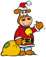 a cartoon cow wearing a santa hat and holding a yellow bag