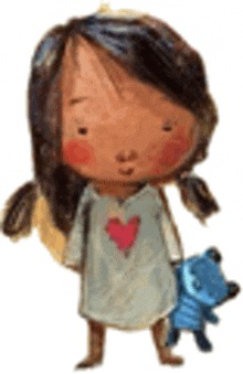 a little girl is holding a blue teddy bear in her hand .