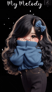 a girl in a blue sweater is covering her face with her hands and the words " my melody " behind her