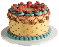 a yellow cake decorated with red and blue frosting