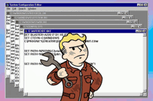 a cartoon of a man holding a wrench in front of a window that says system configuration editor