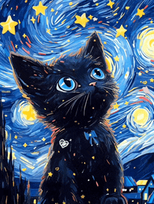 a painting of a black cat with blue eyes in front of a starry sky