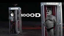 a man standing in a phone booth next to another man in a phone booth that says $ dood