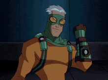 a cartoon character wearing a green mask and glasses