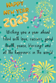 a happy new year greeting card with fireworks and balloons