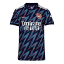 a blue soccer jersey with emirates fly better on it .