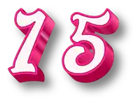 the number 15 is displayed in pink and white letters