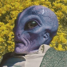 the alien is wearing a suit and tie and is standing in front of a field of yellow flowers .