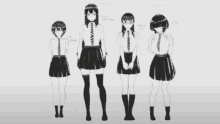 a black and white drawing of a group of girls in school uniforms