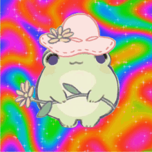 a frog wearing a pink hat is holding a flower on a colorful background