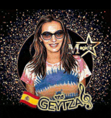 a woman wearing sunglasses and a tie dye shirt with the name geytzag on the bottom