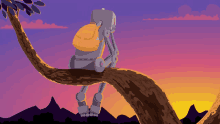 a robot with a backpack sits on a tree branch at sunset